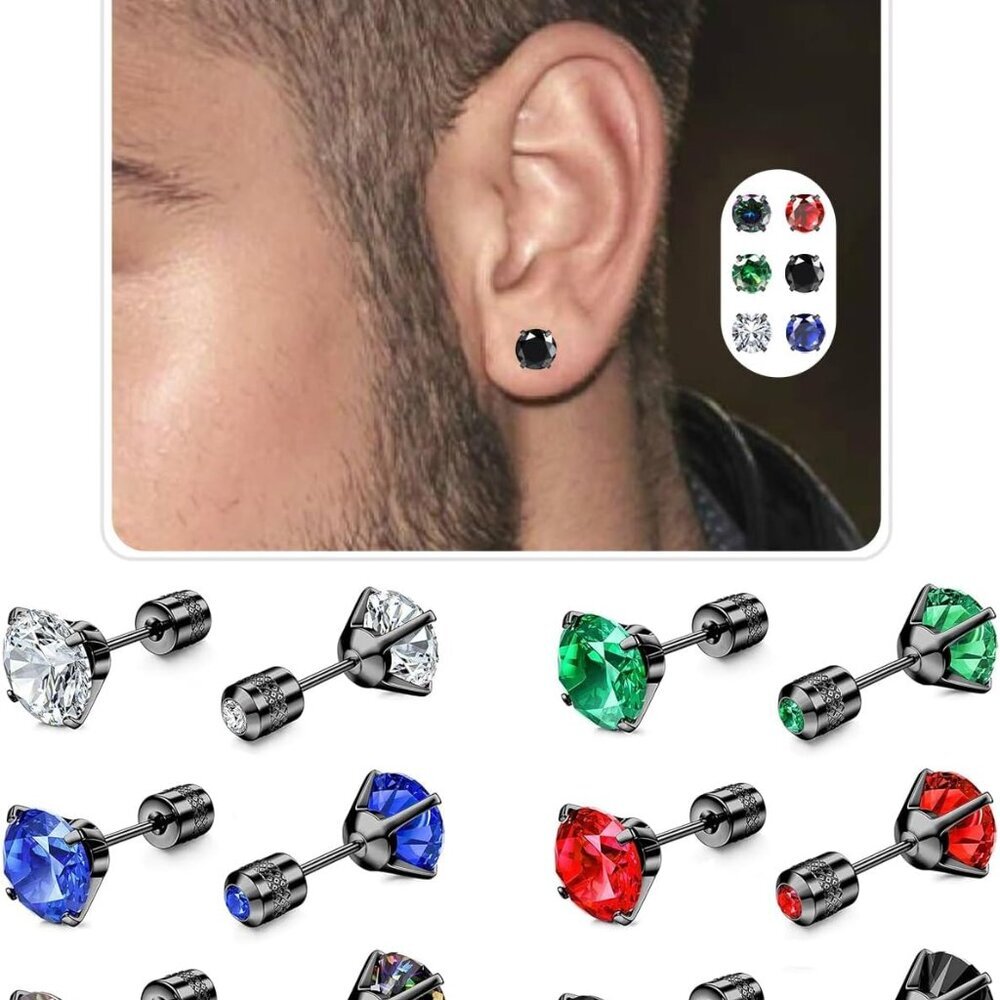 Set of 6 Black Screw Back CZ Stud Earrings for Women and Men, Hypoallergenic 316